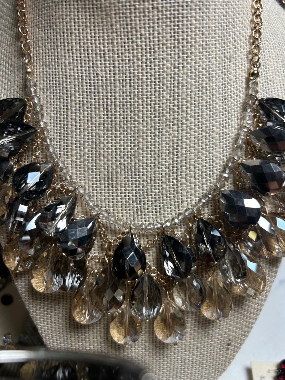Statement Teardrop Crystal Necklace - Gold Tone, Smoky Gray